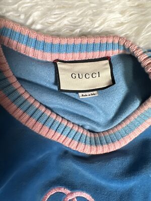 Authentic GUCCI Velour Blue Pink Tennis Embroidered Authentic GUCCI Velour Blue Pink Tennis Embroidered