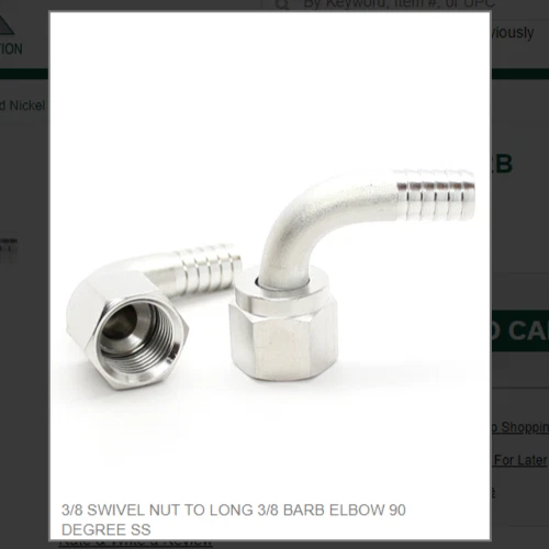 APEX 3/8 SWIVEL NUT TO LONG 3/8 BARB ELBOW (1) One 90 DEGREE SS # 7018-L