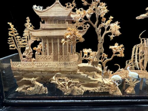 Vintage 20th Century Chinese Cork Diorama Hand Carved in Glass Case Fujian Art - Picture 15 of 24