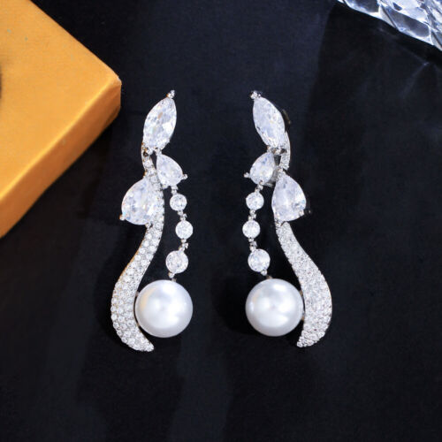 Silver Plated Cubic Zirconia Wedding Symmetrical Long Dangle Drop Pearl Earrings - Picture 1 of 9