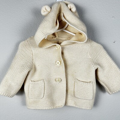 Baby Gap Button Up Knit Sweater Pockets Hooded Teddy Bear Ears