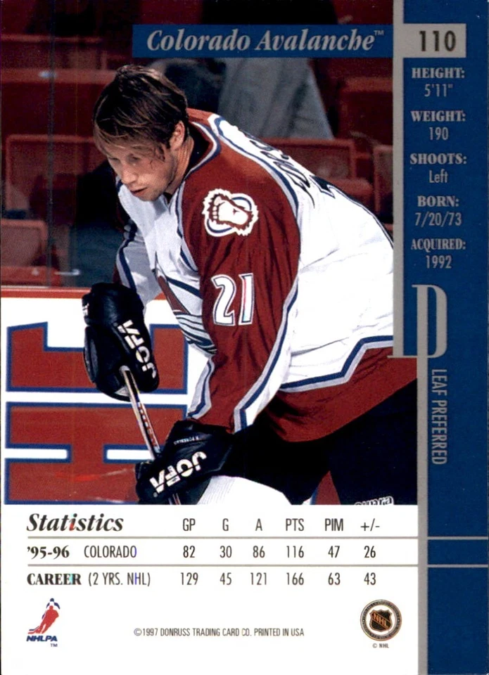 1996-97 Leaf Preferred #110 Peter Forsberg COLORADO AVALANCHE - Image 2 of 2