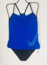 NIKE Women  s NWT 2-Piece Swimsuit Blue Top Black Bottom M Racerback Tankini Set