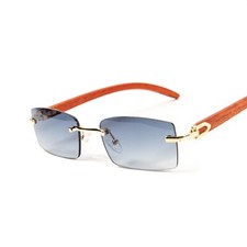 Men's Vintage Rimless Gold Frame Blue Gradient Tint Woodgrain Sunglasses  