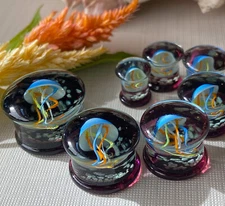 PAIR Multi Color Jellyfish Glass Double Flare Plugs Tunnel Gauges