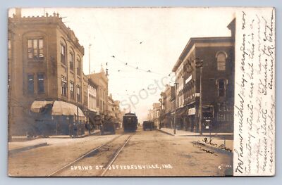 K2/ Jeffersonville Indiana RPPC Postcard c1910 Trolley Interurban Stores 409