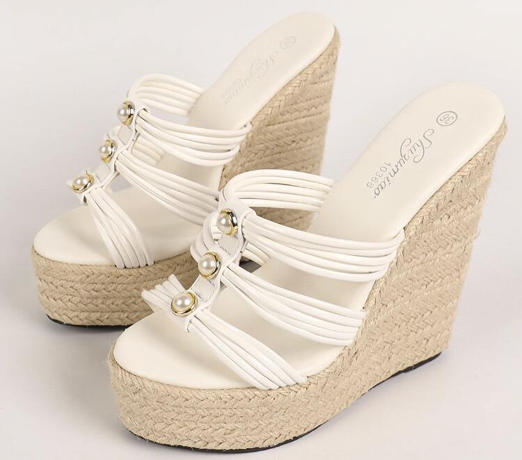 PANTOFOLA D’ORO Pantofole donna moda estate punta aperta perle tessitura zeppa tacchi alti plateau