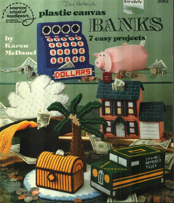 BANKS TRUCK CASH REGISTER PIG HOUSE TREASURE CHEST PLASTIC CANVAS PATTERN BOOK