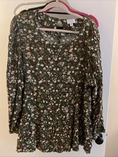 Time and Tru Top 3XL (22) Boho Green Floral CottageCore Ruffle Hem Babydoll