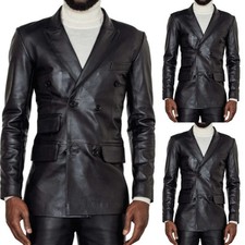 Black Leather Men's Suits Double Breasted Peak Lapel Wedding Groom Prom Tuxedos