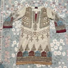 Arwia's Embroidered Salwar Kameez Set Beige Chiffon Tunic Pants Scarf Women L