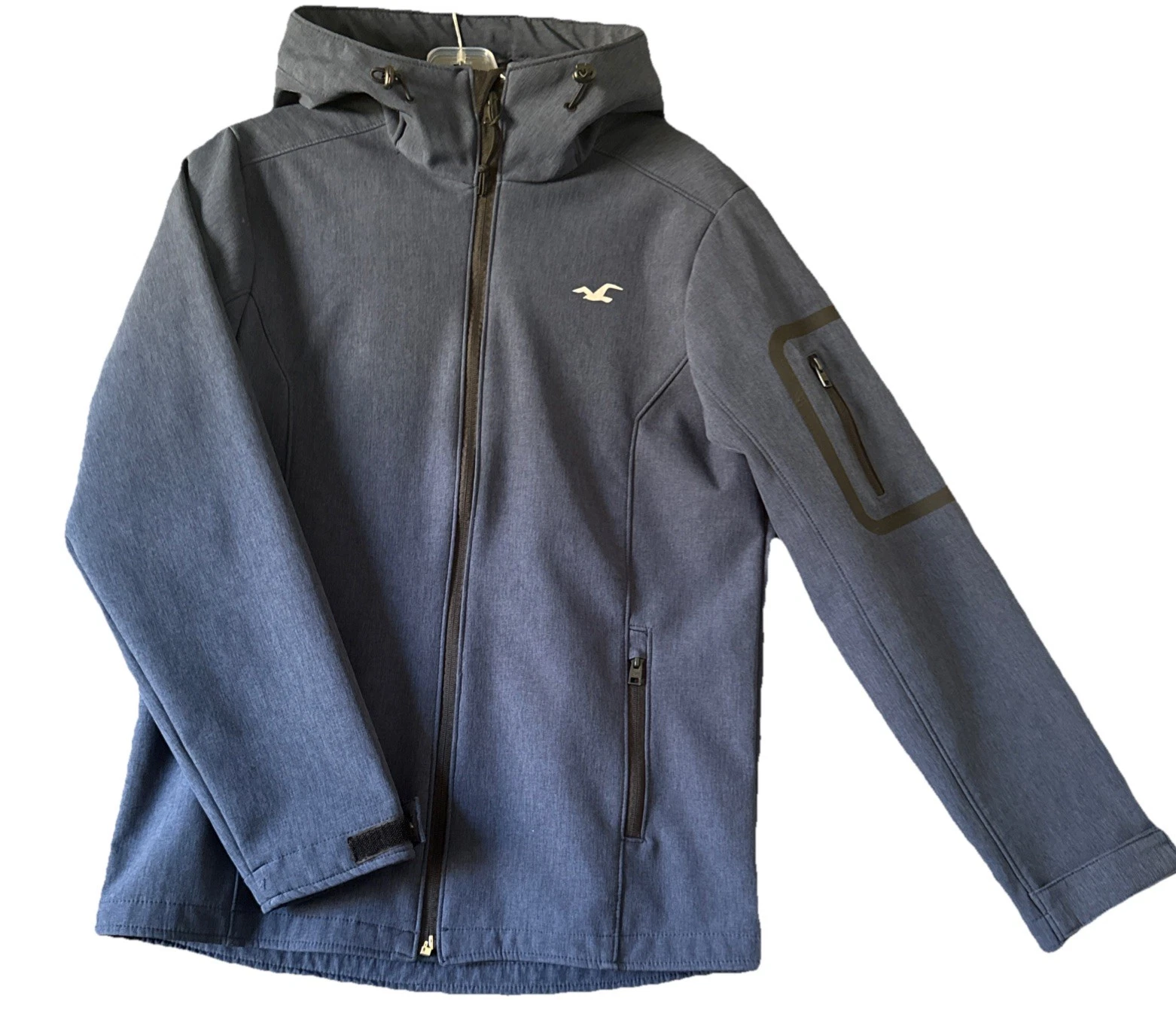 Hollister Mens Hooded Softshell Jacket Heather Navy Blue Small Fleece Lining Blk