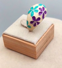 Enamel Ring With Purple Aqua Floral Design Cream Background Size 9