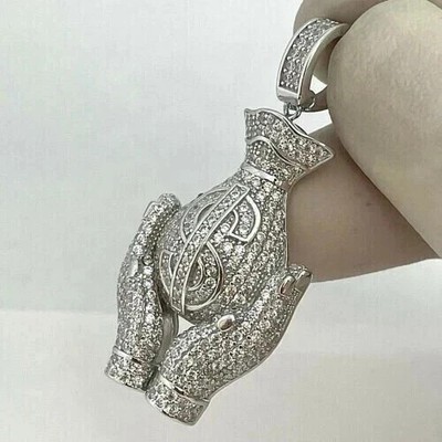 Unisex Hand Money Pendant 14K White Gold Finish Simulated Round Cut Diamond