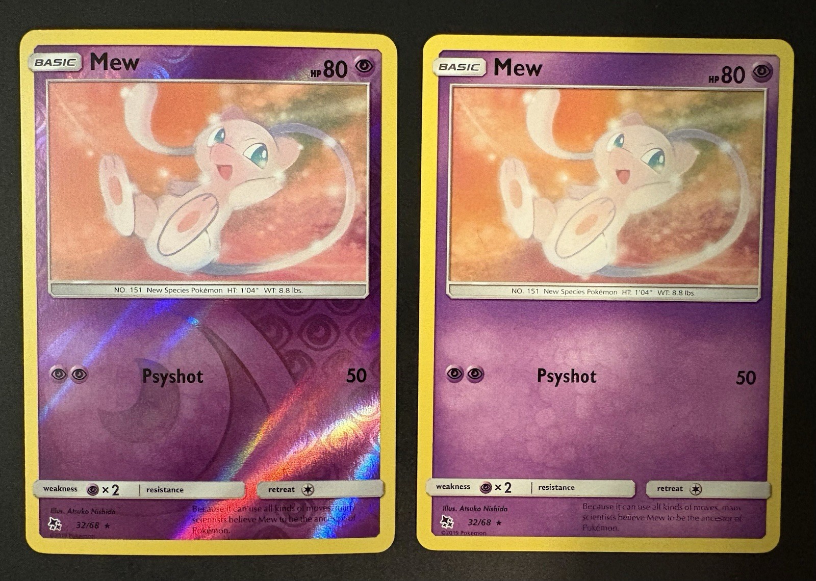 Mew 32/68 Pokemon Hidden Fates 1 Reverse Holo 1 Regular Rare NM Pokemon TCG