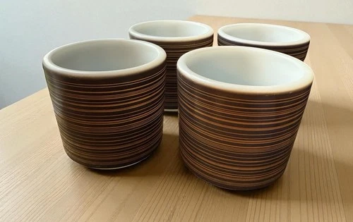 Vintage Pyrex Mugs Terra Brown Black Stripe Custard Cups 13 oz MCM Set of 4