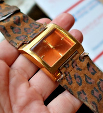 RARO orologio da polso vintage Joan Rivers Classics leopardato quadrato tono oro LOOK