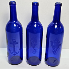 3 Cobalt Blue Glass Bottles Etched Nautical Ocean Beach 11.75" Tall 750ML