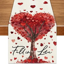 Valentine's Day Red Love Heart Tree Table Runner 13x72 Inch Romantic Table Decor