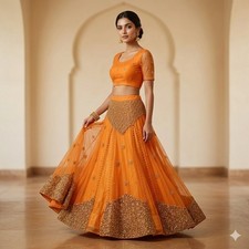 Sanskriti Vintage Orange Net Mesh Stitched Lehenga Hand Embroidery Zardozi