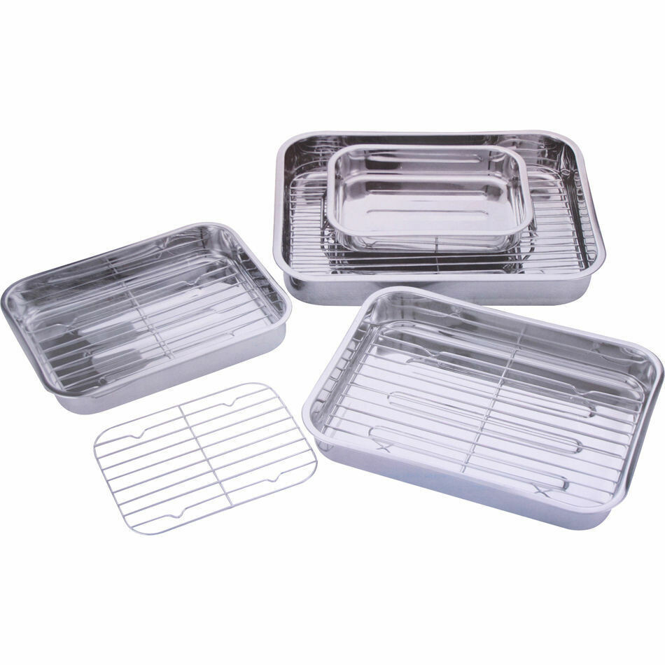 4PC STAINLESS STEEL ROASTING TRAYS OVEN PAN DISH BAKING ROASTER GRILL