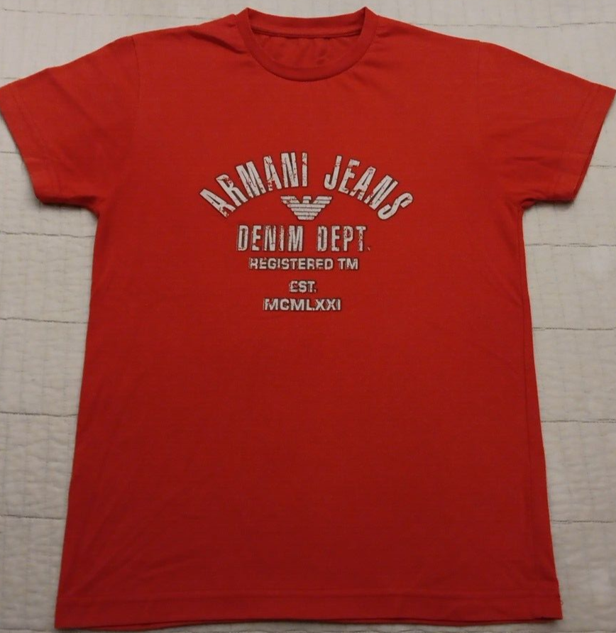 Women's Medium Armani Jeans Red Denim Spellout T Shirt Top