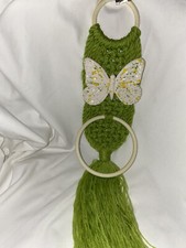 Vintage MCM Macrame Splatter Paint butterfly Wall Hanging Towel Holder 30 in.