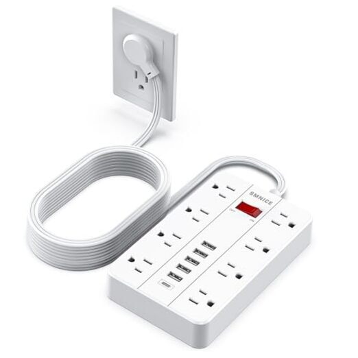 Flat Plug Extension Cord 15 Ft,  Surge Protector Power Strip with 8 15FT White