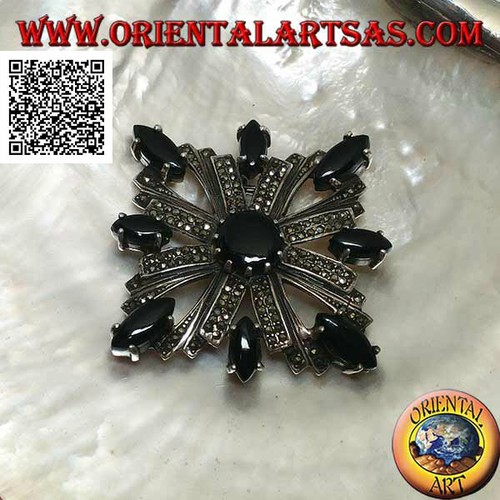 Broche En Argent Massif 925 Avec Marcassite Et Onyx - Occasion, Style Vintage élégant