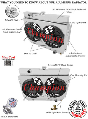 3 Row ER Champion Radiator, 2 12'' Fans, Shroud for 1964 - 1967 Chevelle V8 Eng