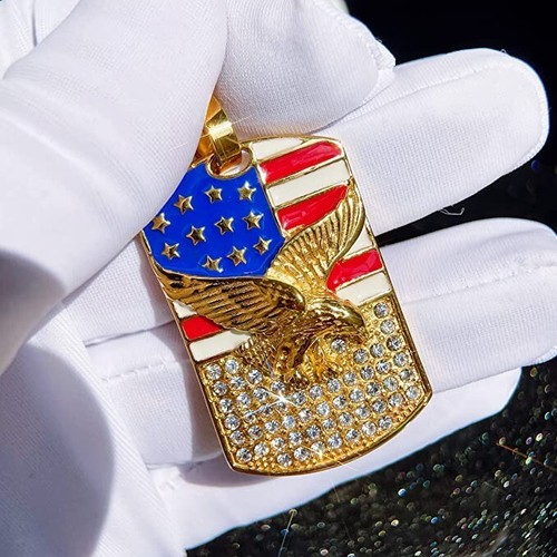 Gold American Flag Eagle Dog Tag Charm Pendant - Stainless Steel America - Picture 3 of 8