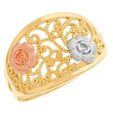10k or 14k Multi-Tone Gold Elegant Ladies Filigree Floral Flower Ring