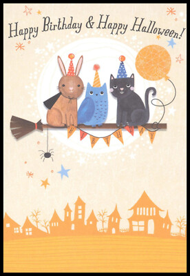 Greeting Card - Cat Owl Rabbit - Birthday & Halloween - 0199