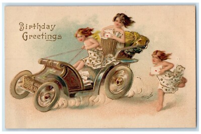 c1910's Birthday Greetings Children Riding Car Embossed Pine Bush