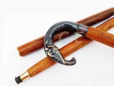 Antique brass black elephant head handle wooden walking stick cane vintage gifts