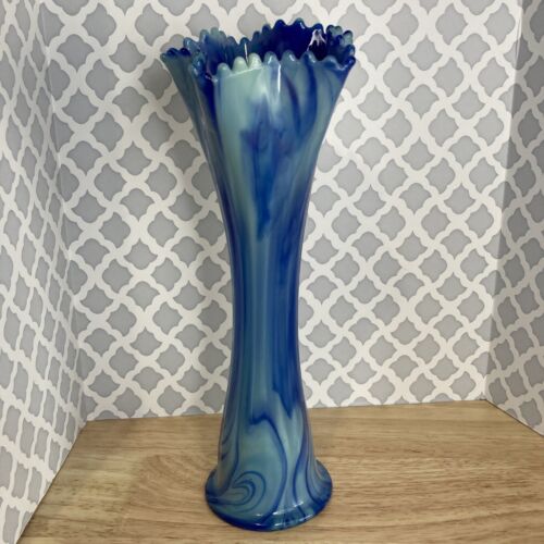 Vintage Bournique Slag Marbled Blue Glass Stretch Vase Open Ruffled Pointed Top
