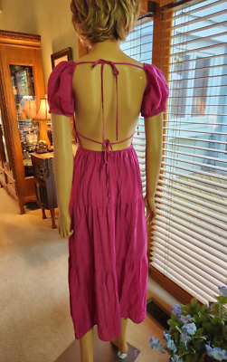 Forever 21 Pink Tiered Backless Midi Dress Puff Sleeves Sz XS to S. | eBay