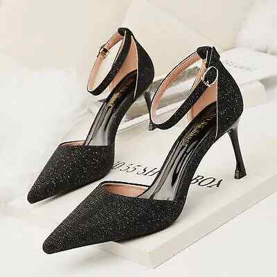 Scarpe decolte eleganti donna stiletto 9 cm nero strass pelle sintetica 1439