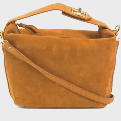 CLAUDIA FIRENZE SUEDE GOLD TONE LOCK CARAMEL BROWN CROSSBODY MADE IN ITALY NWT