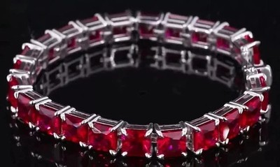 12Ct Princess Cut Lab Created Red Ruby Men Tennis Bracelet 14K White Gold Plated
