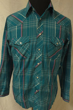 Wrangler Cowboy Cut Regular Fit Mens 16x34Teal Plaid Pearl Snap Western Shirt