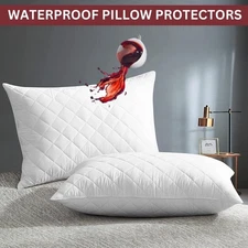 Quilted Waterproof Pillow Protector Pack of 2 Zipped Pillow Protector Cover Soft