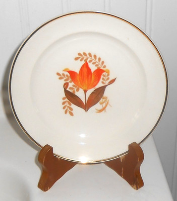 VTG BAKERITE OVEN-TESTED ORANGE TULIP PATTERN DESERT DISH 22K GOLD RIM - 6 1/4''