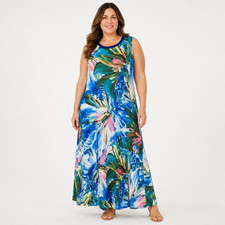 Soft Surroundings Penelope Maxi Dress 3X Blue Tropical Floral Stretch Knit