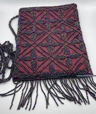 Burgundy Beaded Evening Bag Iridescent Seed Bead Fringe Crossbody Purse