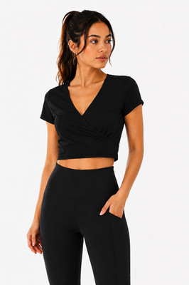 PE857 Halara Damen Wickelshirt Schwarz Crop Top V-Ausschnitt Kurzarm  (L)