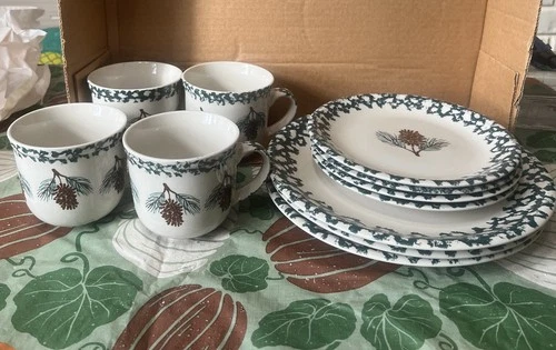 FOLK CRAFT PINE CONE TIENSHAN (3) DINNER PLATES, (4) SALAD PLATES, & 4 MUGS