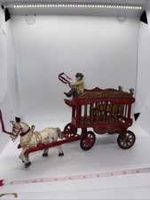 Vintage Cast Iron Horse Drawn OVERLAND Circus Wagon Toy With Tiger And Driver