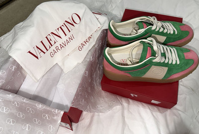 Valentino Garavani Green Pink Beige Suede Leather Lace Up Sneakers 6W2S0IL9LAL