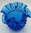 Vintage MCM Fenton Glass Colonial Blue Hobnail 4.25” Double Crimped Vase Bowl